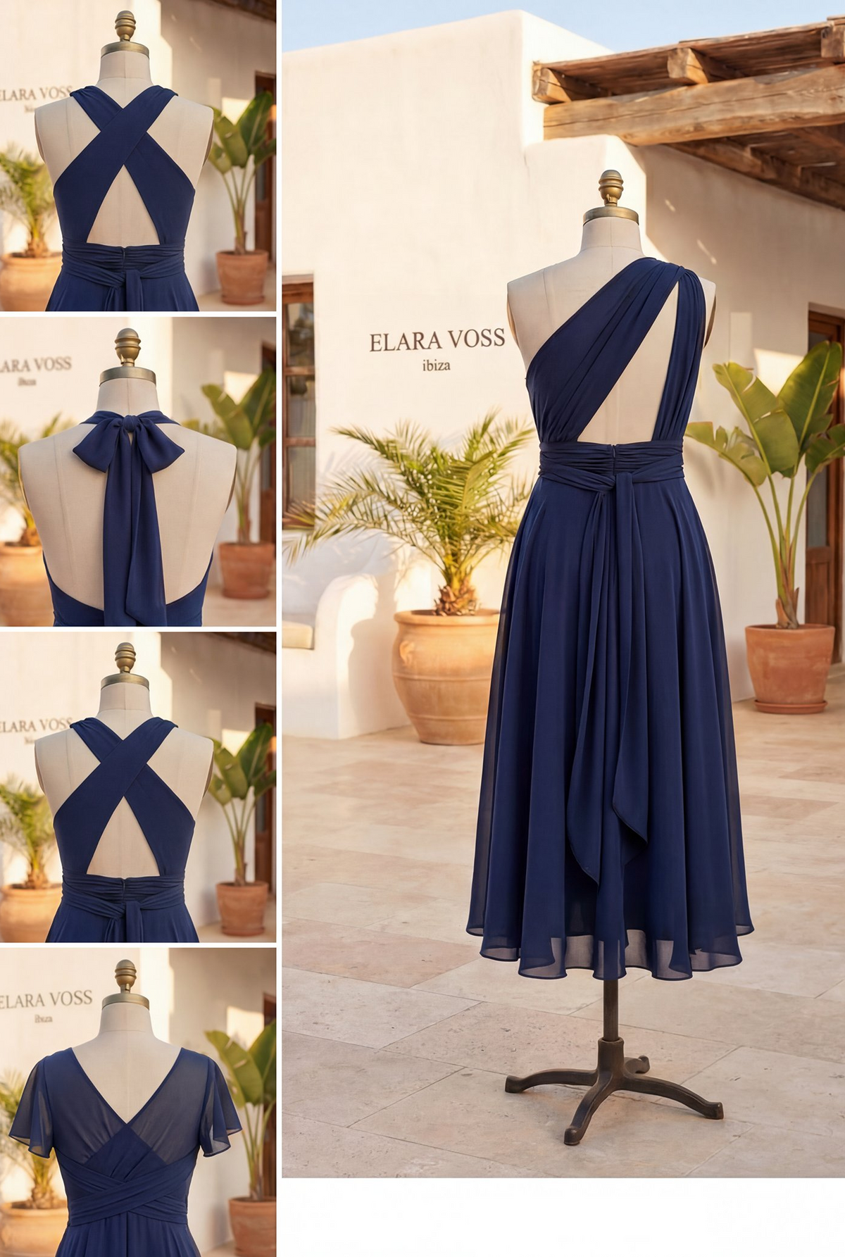 The Murano | Vestido azul marino con falda asimétrica y múltiples formas de llevar