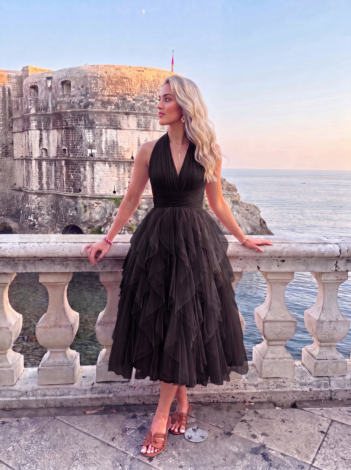 VESTIDO MIDI DE TUL CON VOLANTES EN CASCADA | AZUL TINTA ALISSA