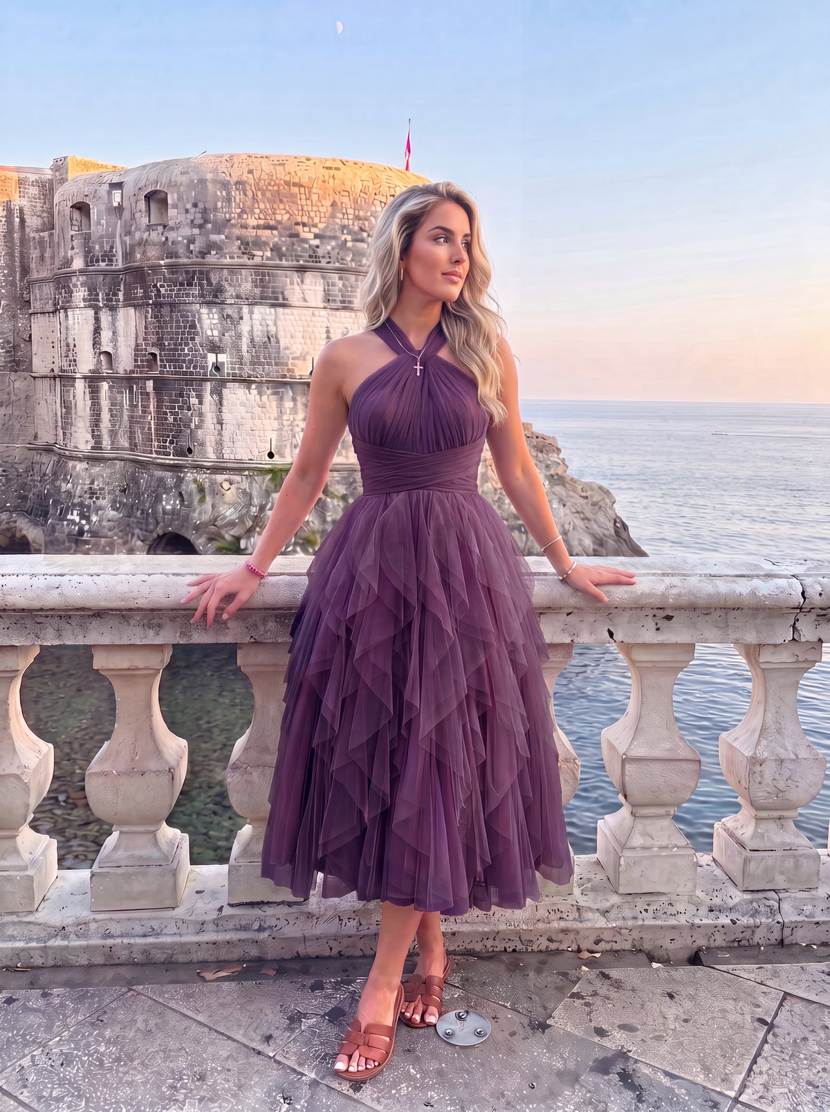 VESTIDO MIDI DE TUL CON VOLANTES EN CASCADA | AZUL TINTA ALISSA