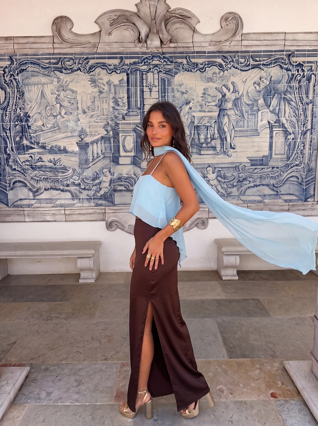 VESTIDO ZAHARA AZUL Y MARRÓN