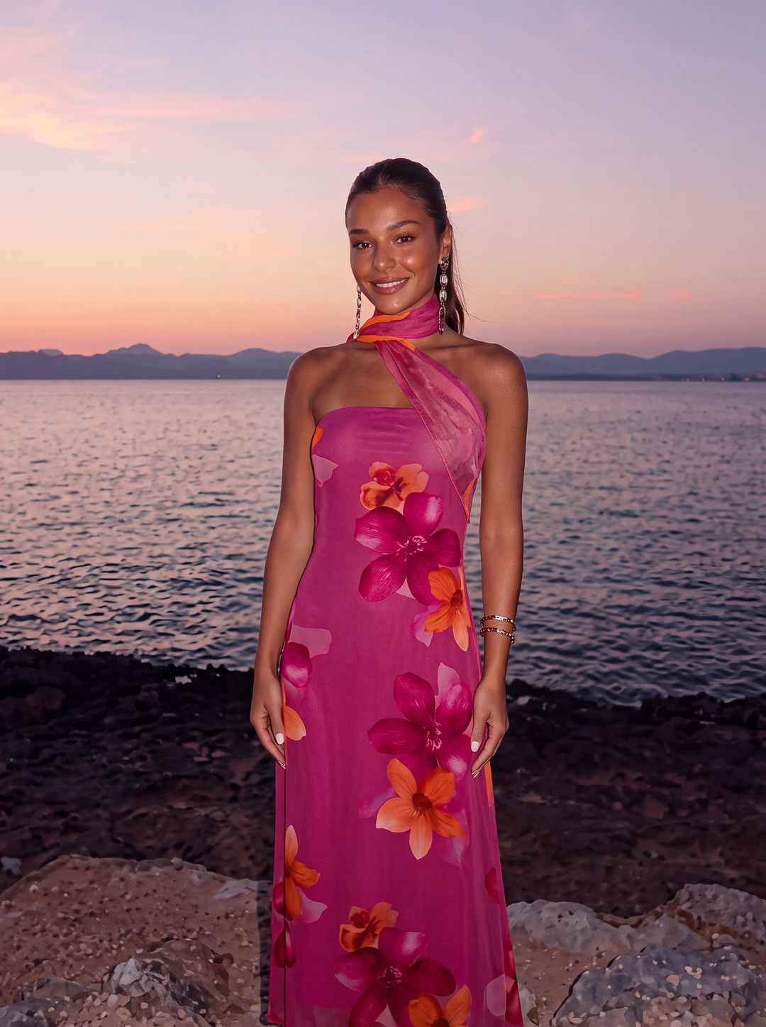 VESTIDO LARGO FLORAL SÓLLER CON CUELLO ALTO Y LAZO