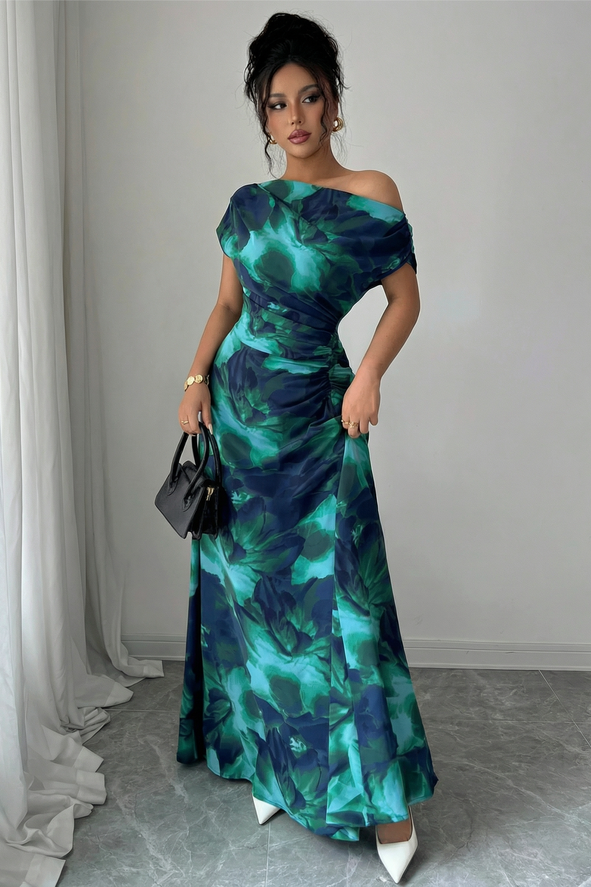 The Taormina | Vestido Largo de Un Hombro con Estampado Mármol
