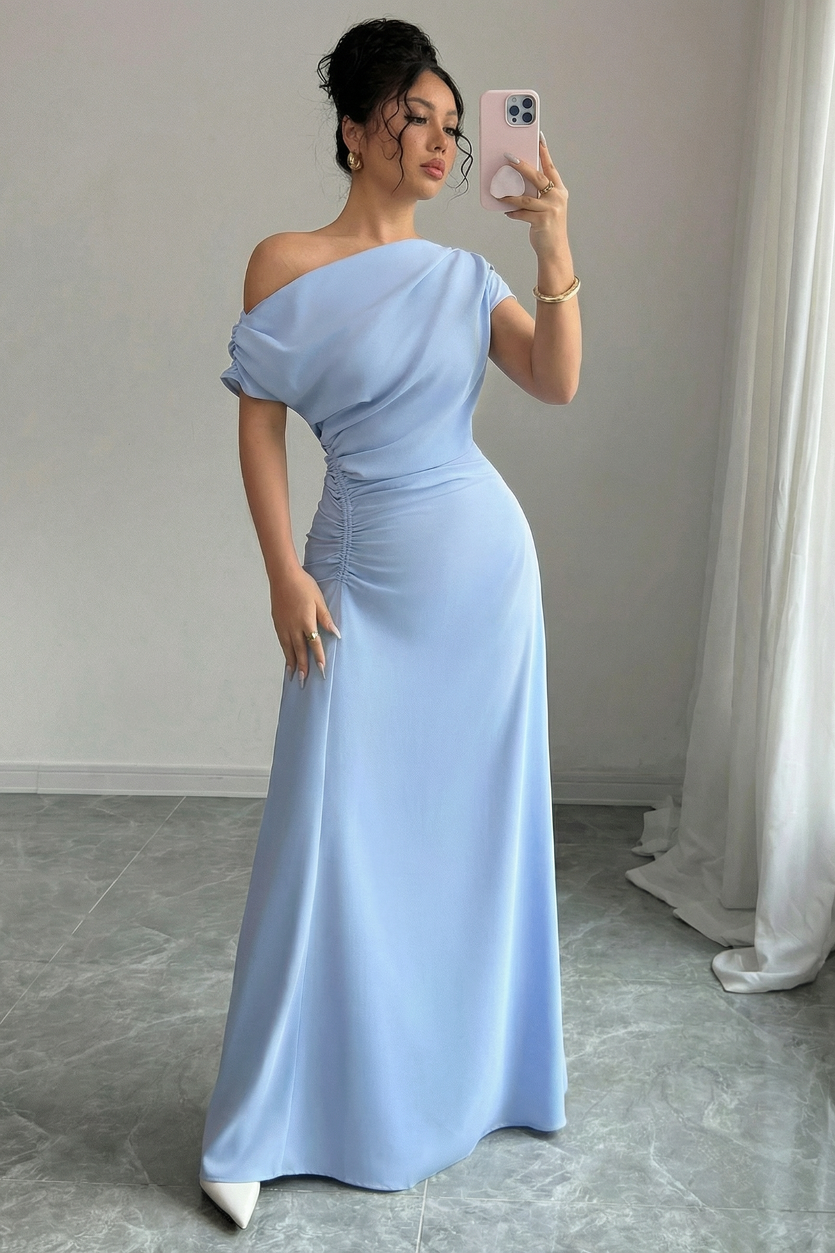 The Taormina | Vestido Largo de Un Hombro con Estampado Mármol
