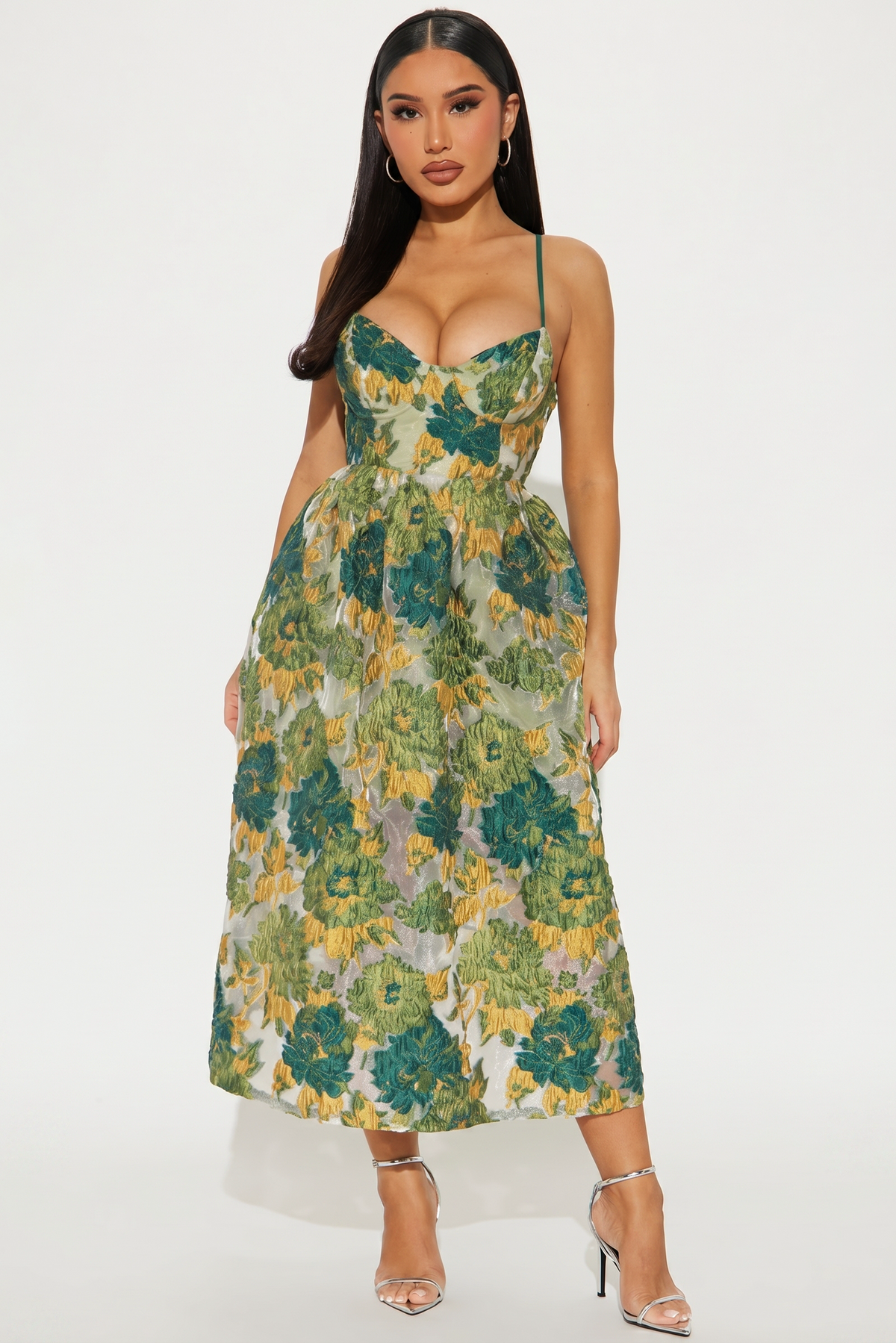 Vestido midi de tirantes con corsé y estampado floral