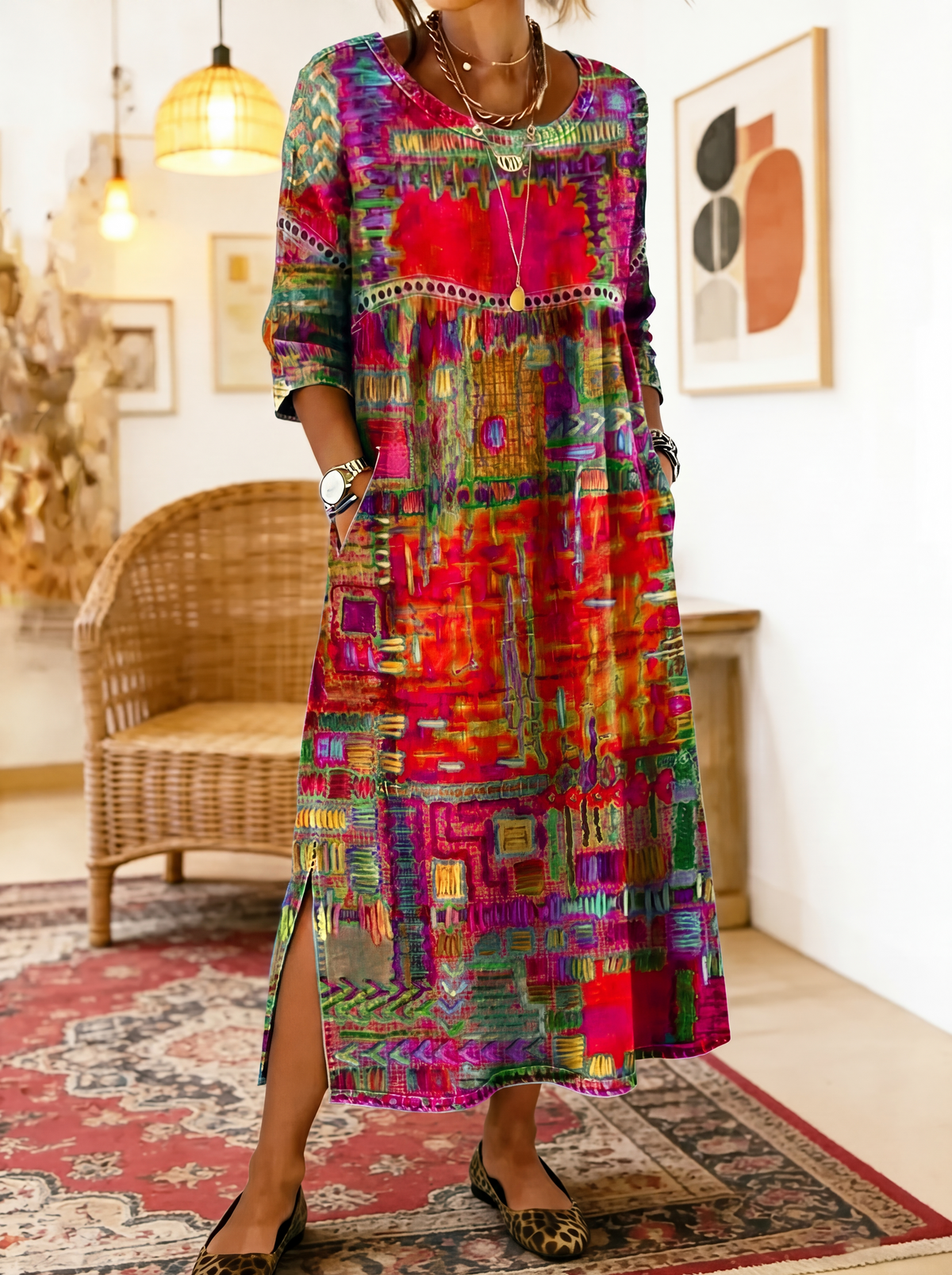 Manuela | Vestido de mezclilla con retazos étnicos