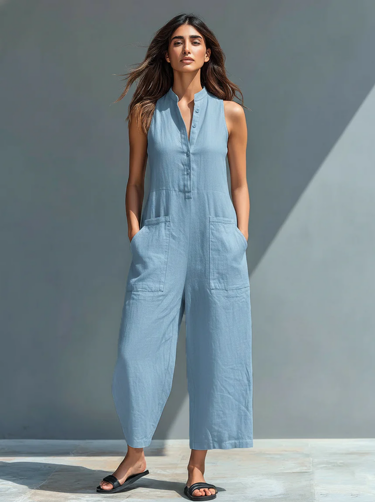 Mono largo de lino para mujer minimalista con botones, cuello alto y sin mangas