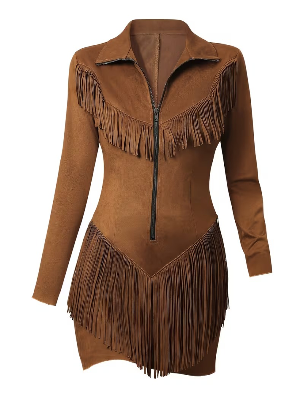 Vestido midi de punto para mujer, estilo vaquero western, con flecos de ante