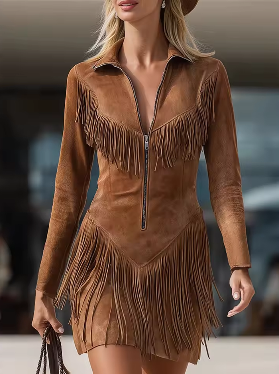 Vestido midi de punto para mujer, estilo vaquero western, con flecos de ante
