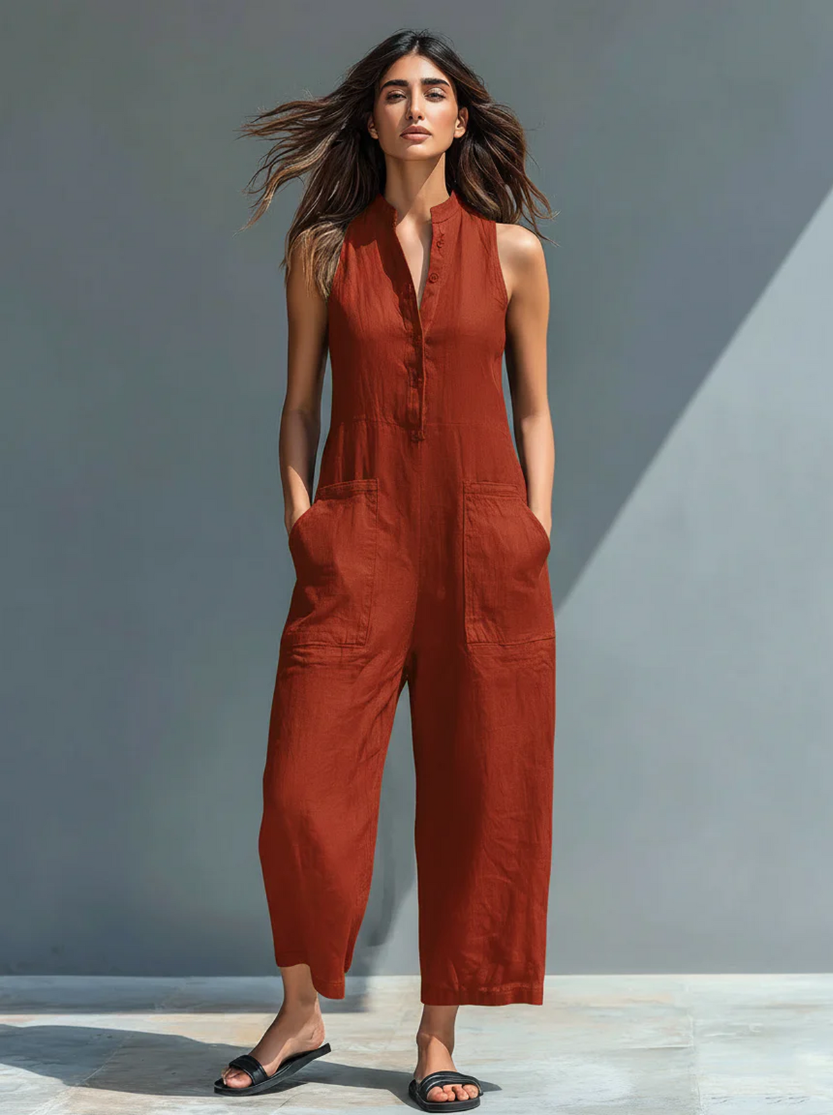 Mono largo de lino para mujer minimalista con botones, cuello alto y sin mangas