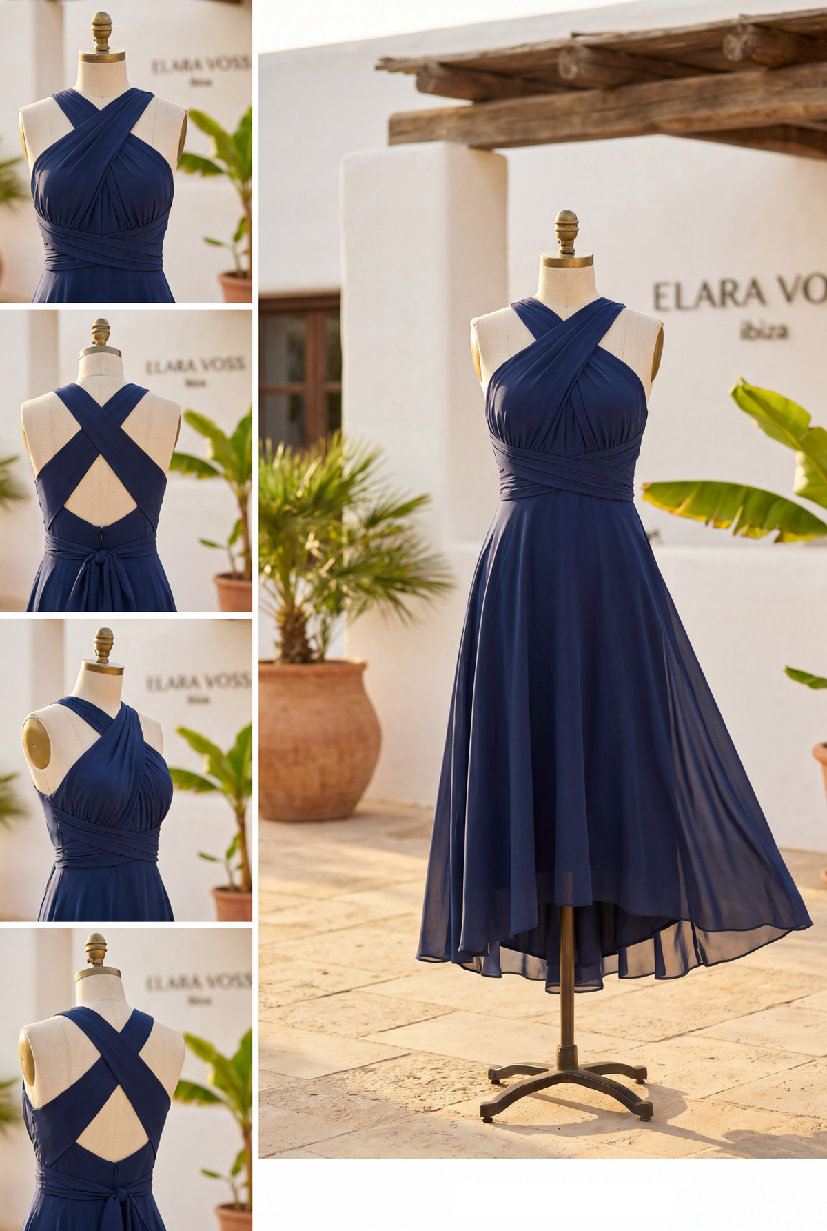 The Murano | Vestido azul marino con falda asimétrica y múltiples formas de llevar