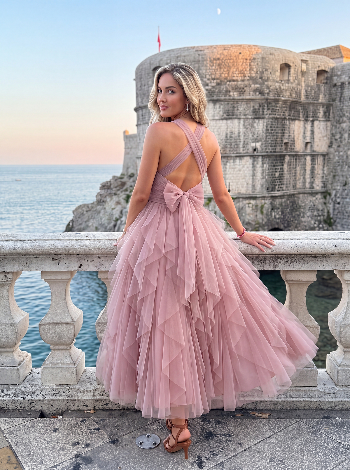 VESTIDO MIDI DE TUL CON VOLANTES EN CASCADA | AZUL TINTA ALISSA