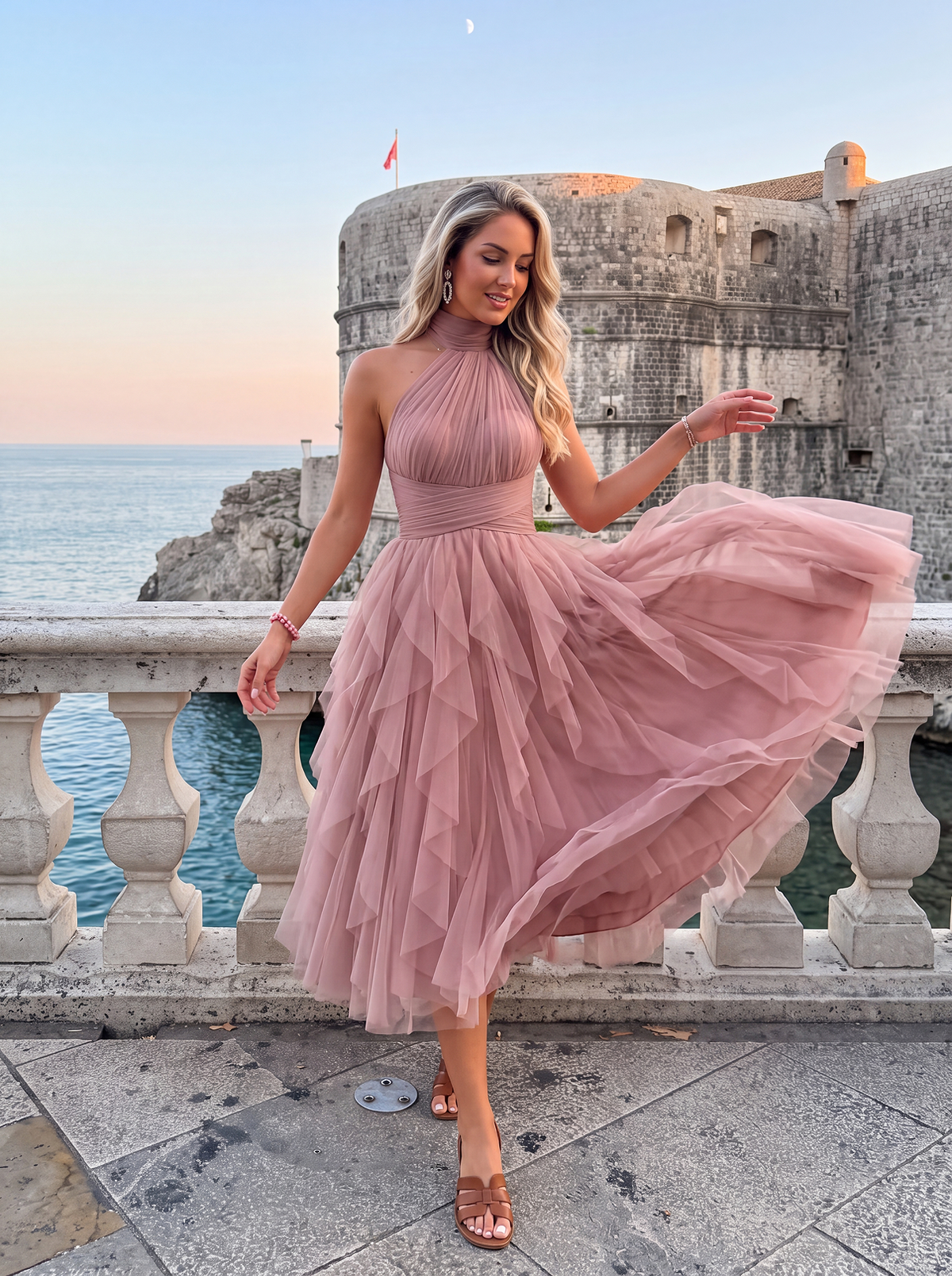 VESTIDO MIDI DE TUL CON VOLANTES EN CASCADA | AZUL TINTA ALISSA