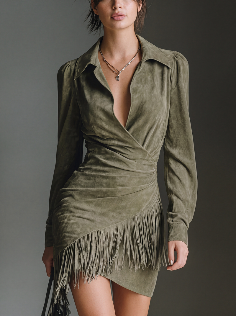 Vestido de fiesta primaveral de antelina con flecos, estilo retro.