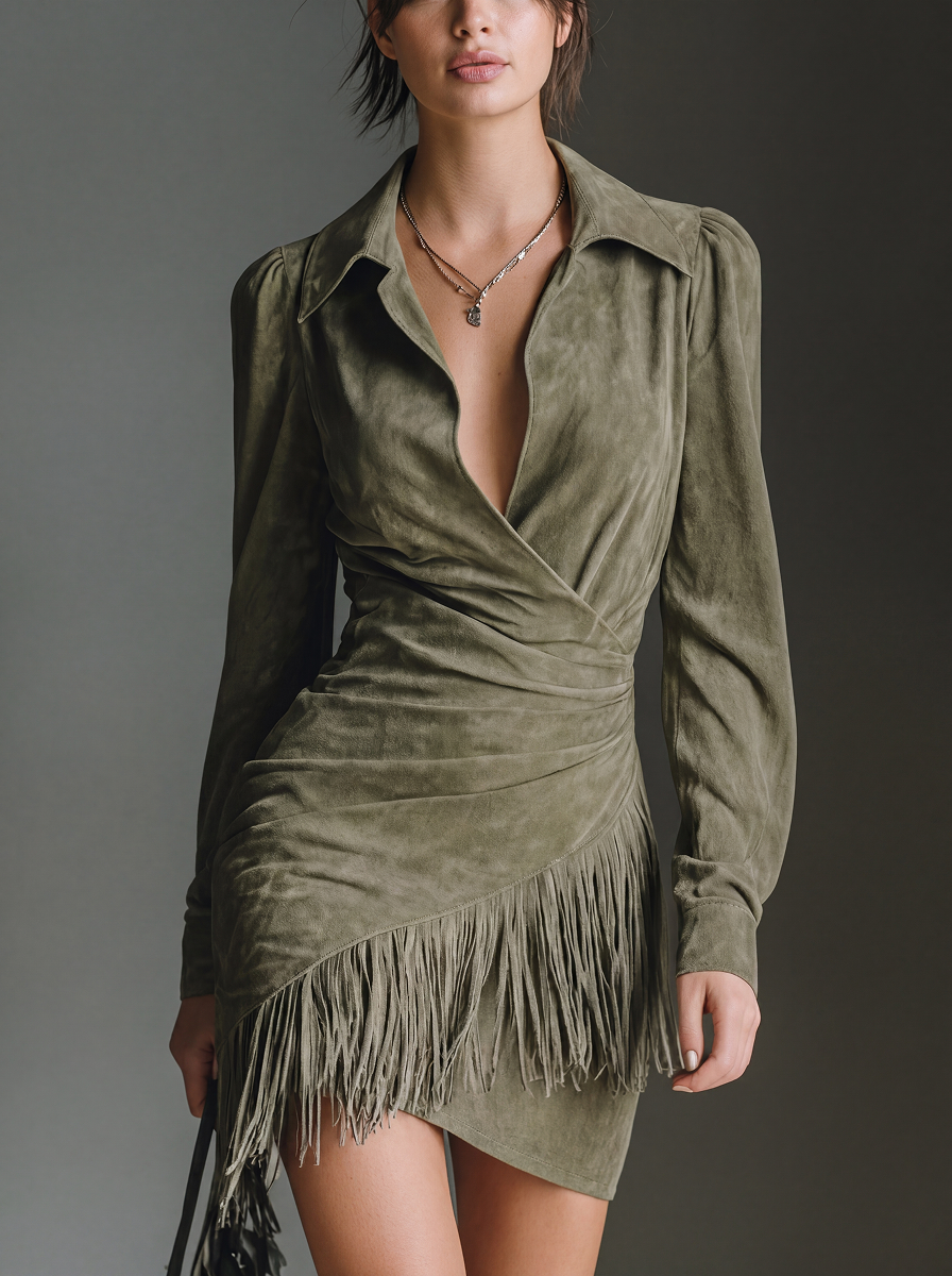Vestido de fiesta primaveral de antelina con flecos, estilo retro.