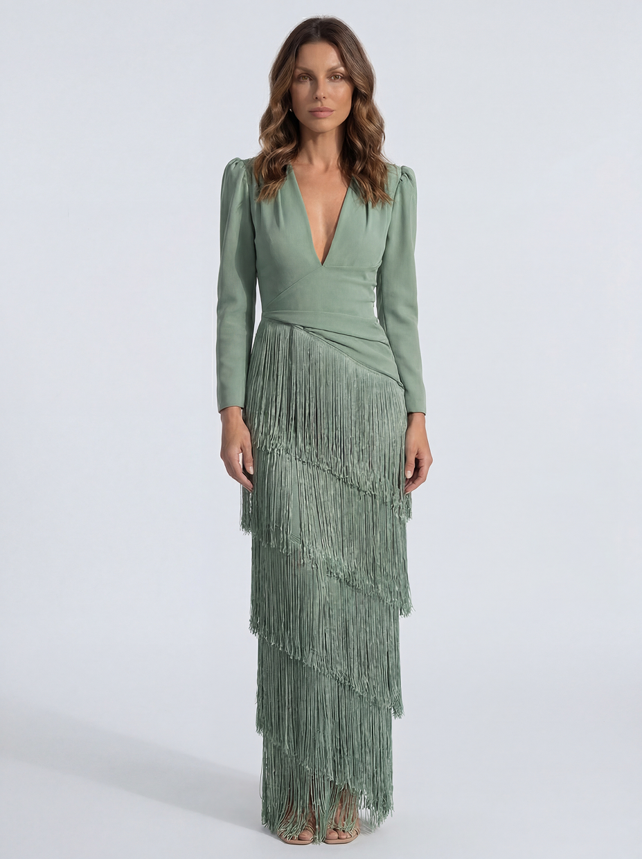 The Venezia | Vestido Largo de Flecos con Escote en V