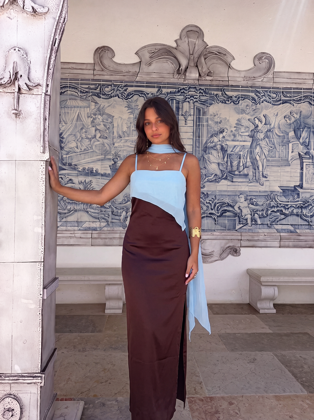 VESTIDO ZAHARA AZUL Y MARRÓN
