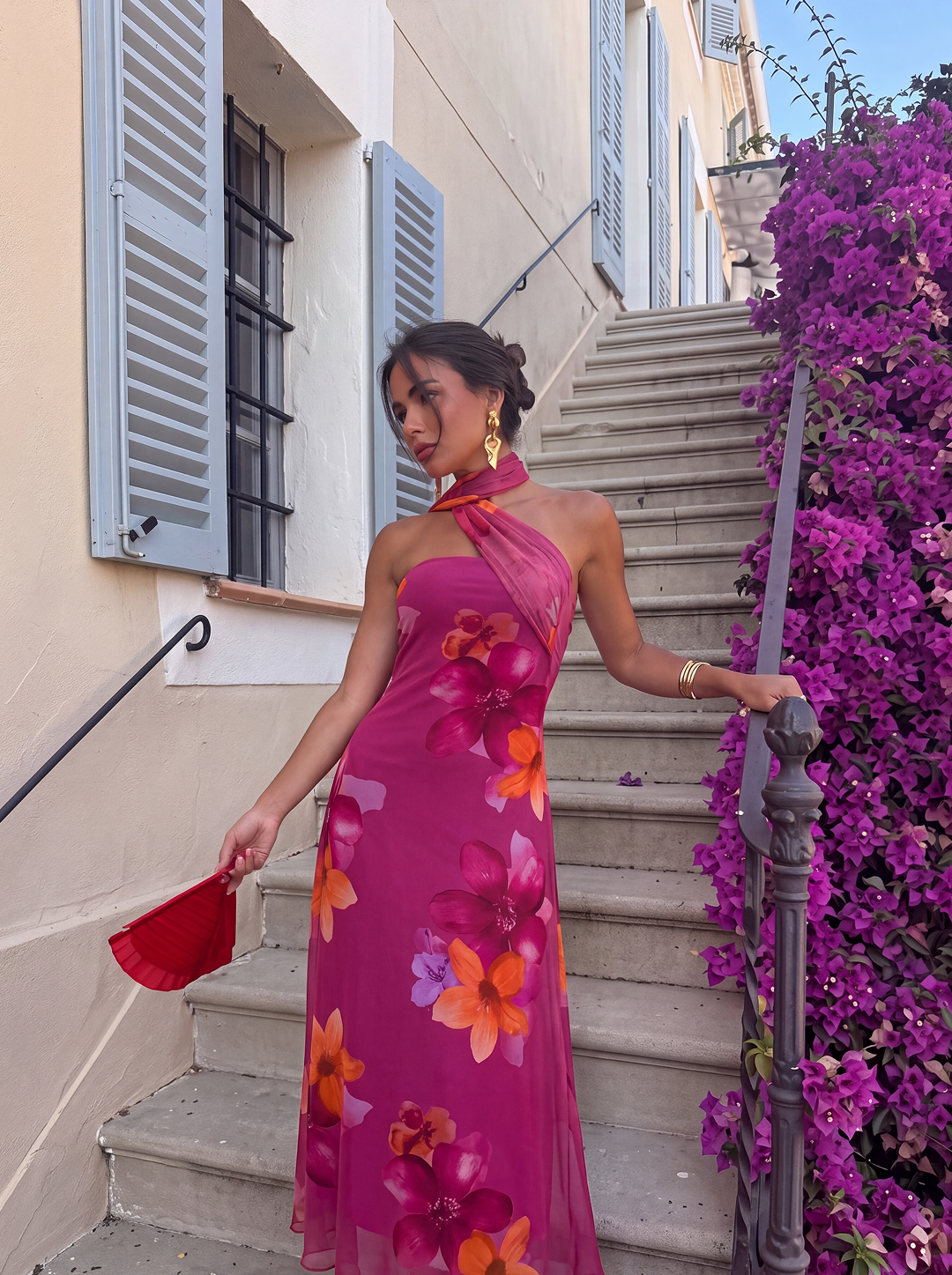 VESTIDO LARGO FLORAL SÓLLER CON CUELLO ALTO Y LAZO