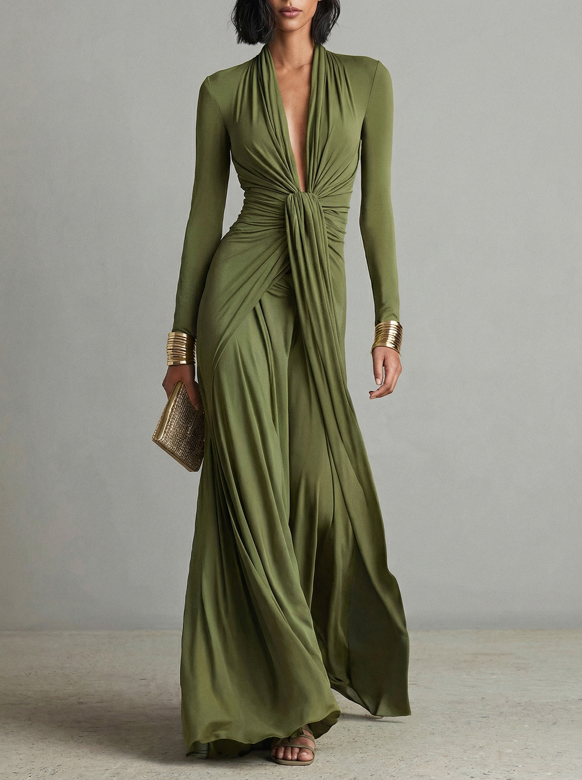 The Valenza| Vestido Largo Verde con Escote en V y Nudo Drapeado