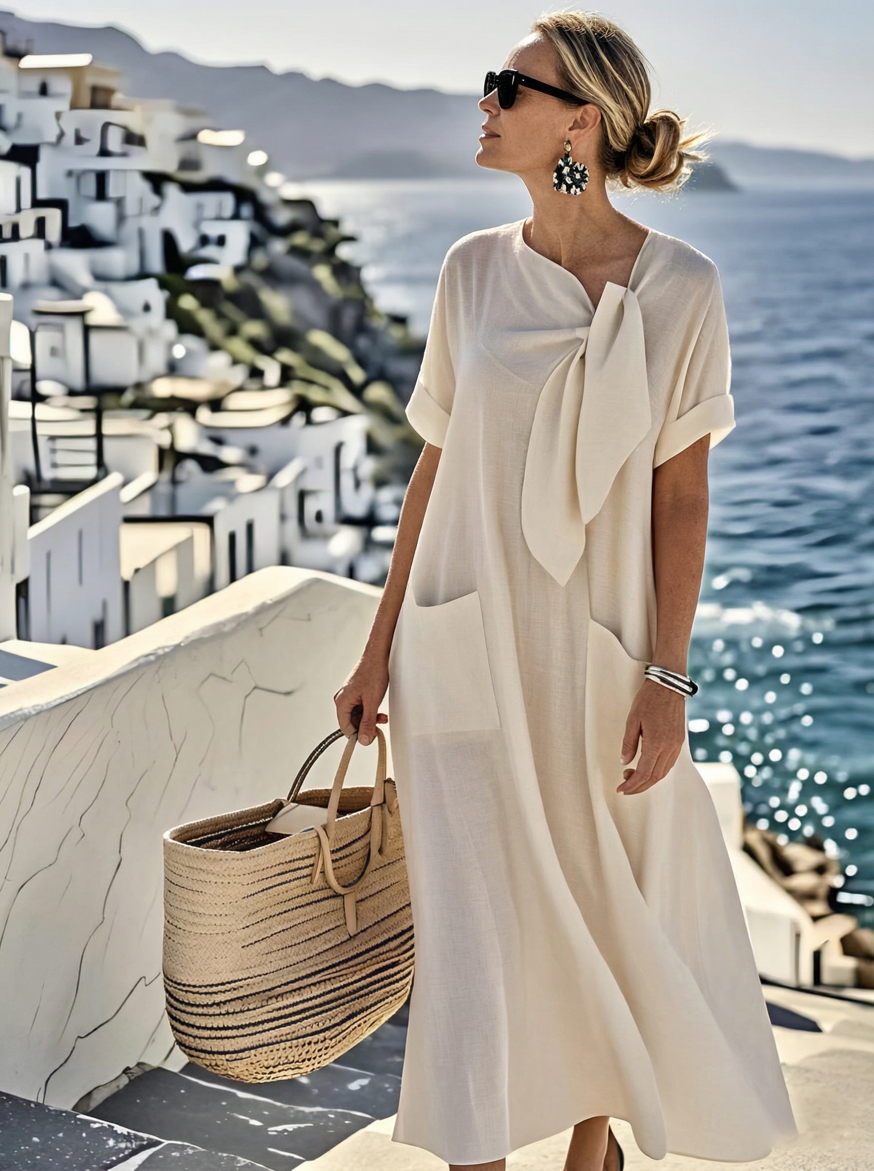The Mykonos | Vestido Midi de Lino con Bolsillos y Lazo