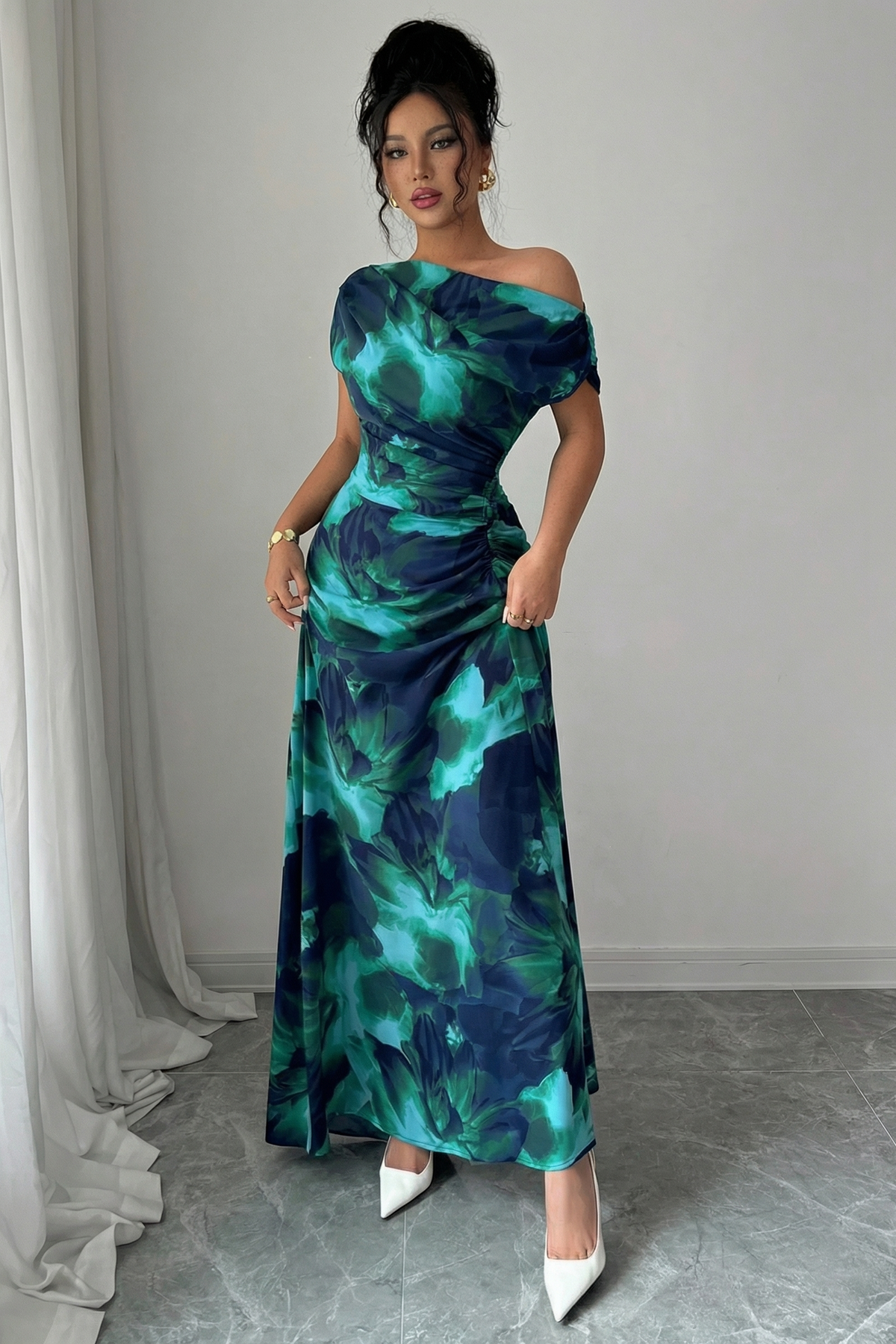 The Taormina | Vestido Largo de Un Hombro con Estampado Mármol