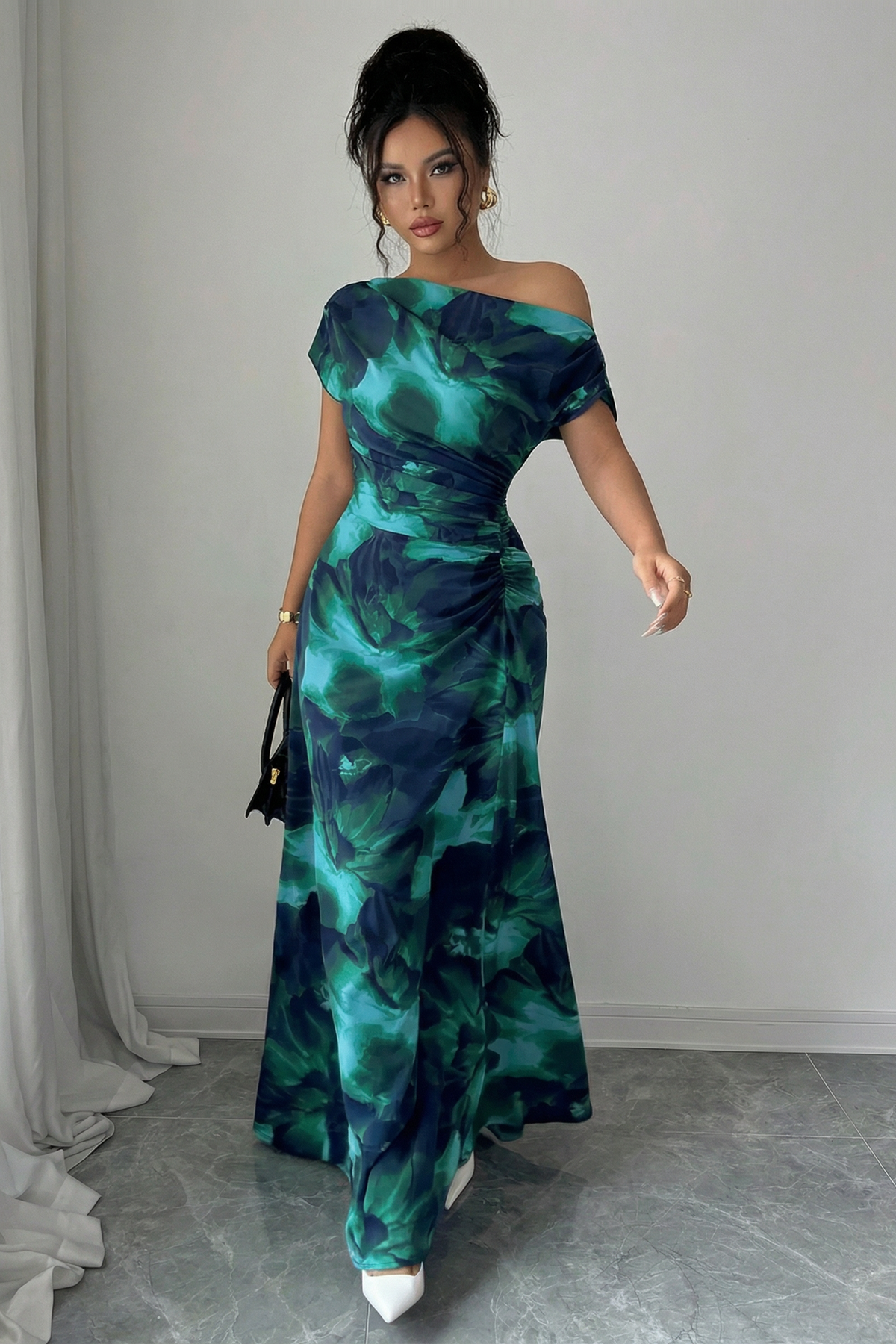 The Taormina | Vestido Largo de Un Hombro con Estampado Mármol