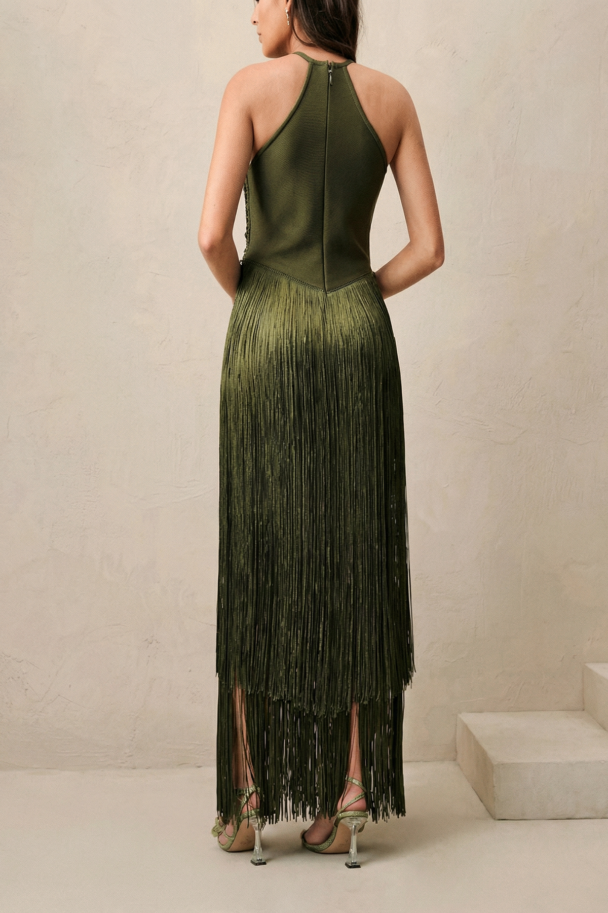 Vestido Largo de Flecos con Escote Halter