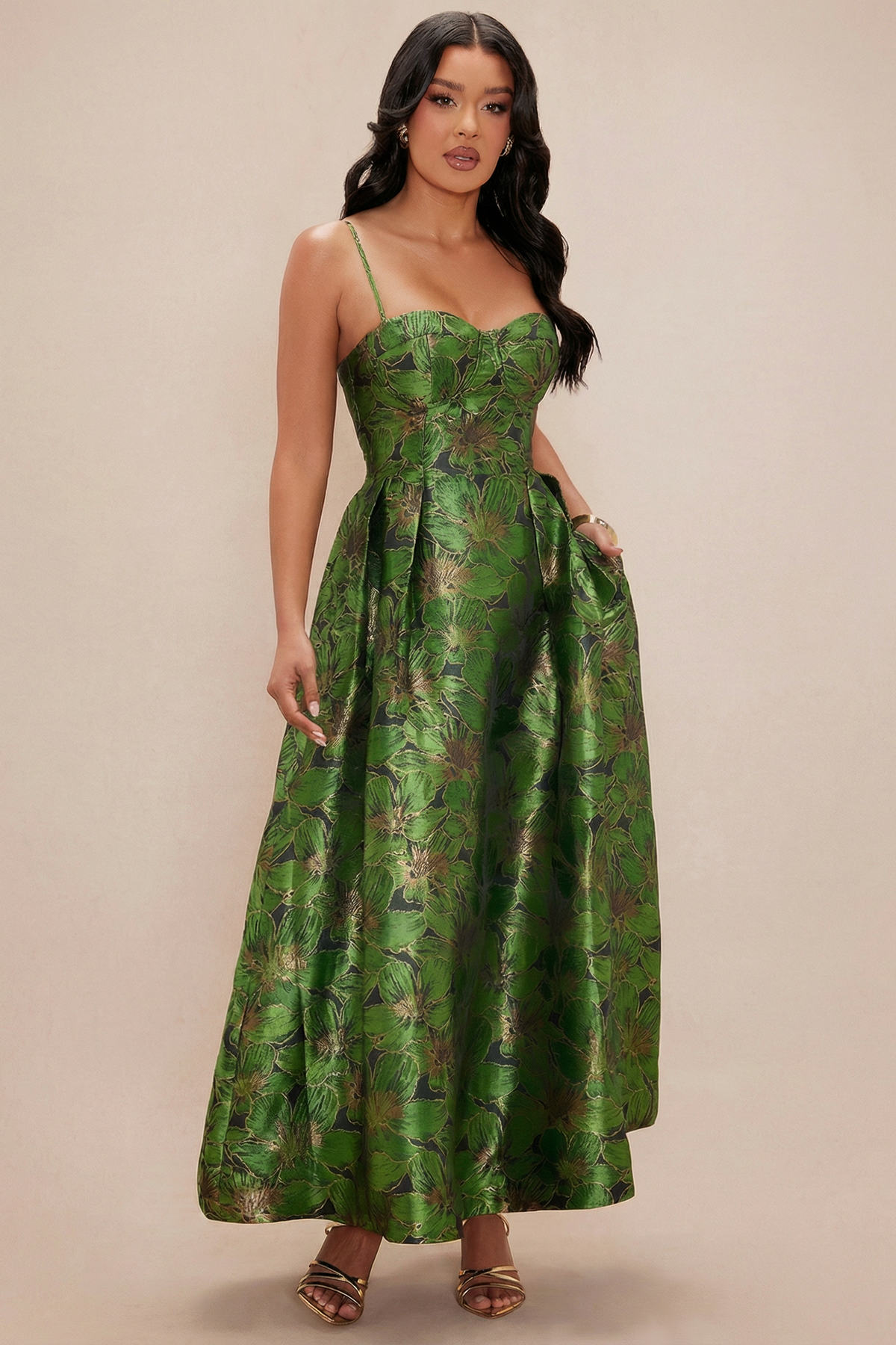 Vestido Largo de Tirantes con Estampado Floral Brocado Verde