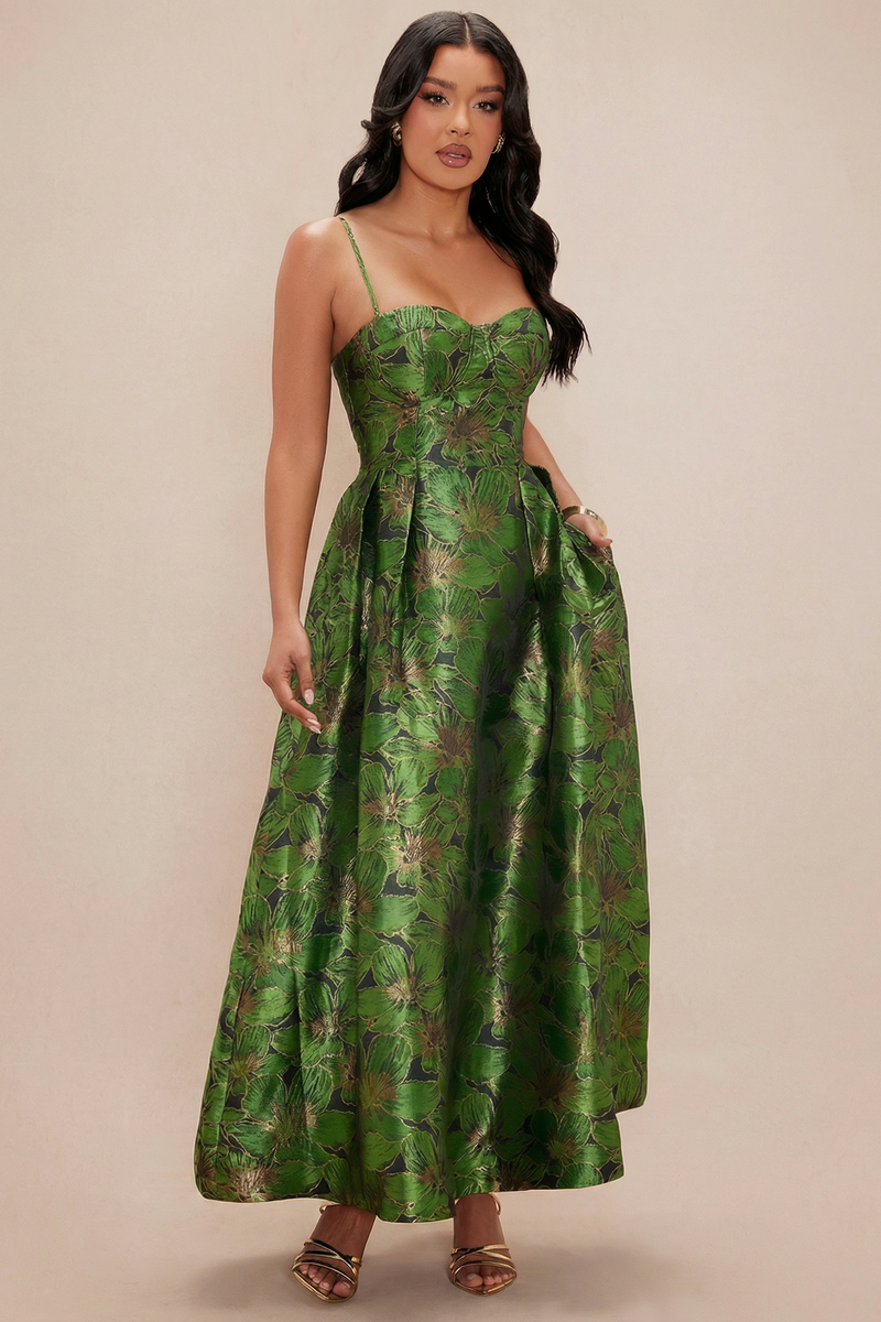 Vestido Largo de Tirantes con Estampado Floral Brocado Verde