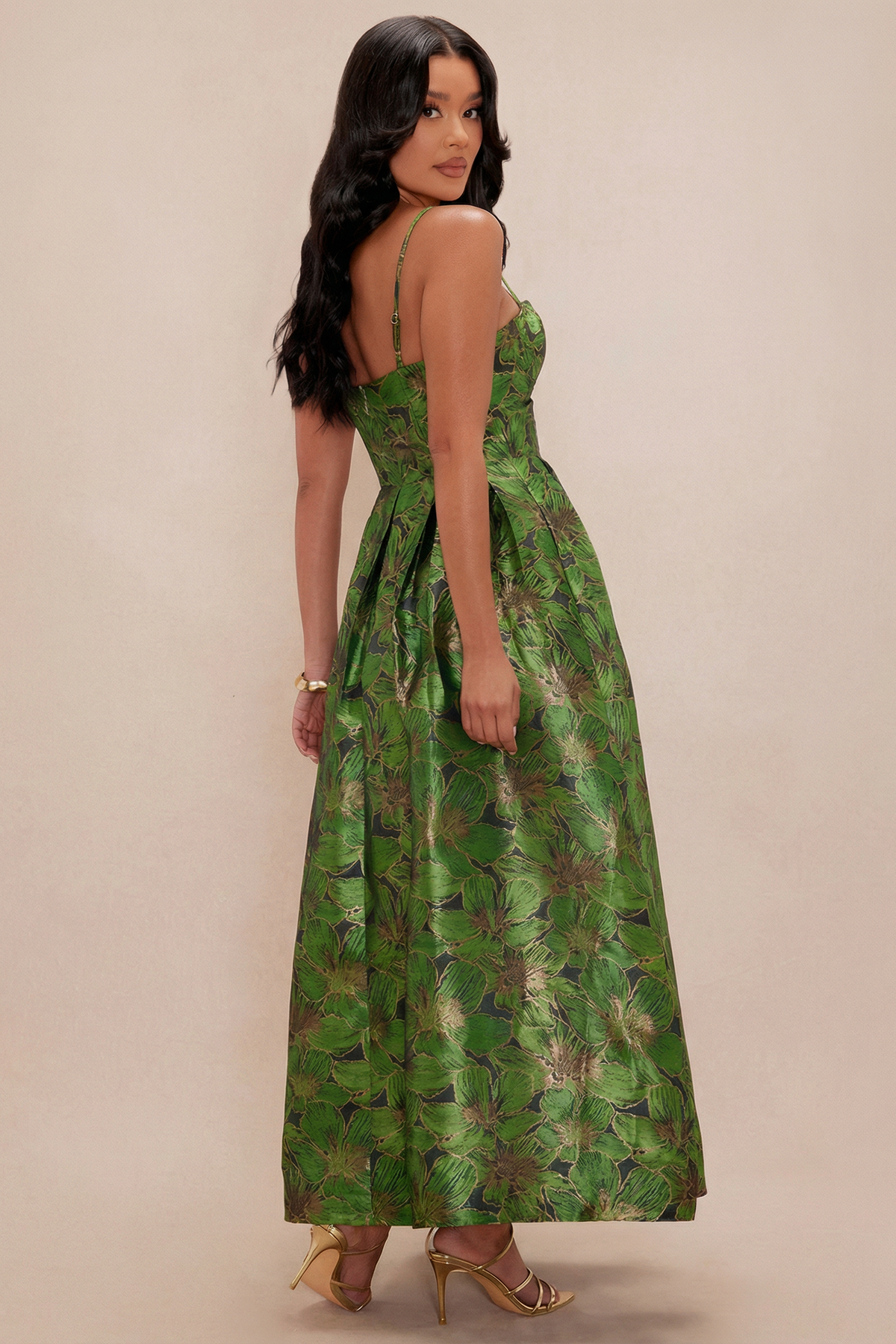 Vestido Largo de Tirantes con Estampado Floral Brocado Verde