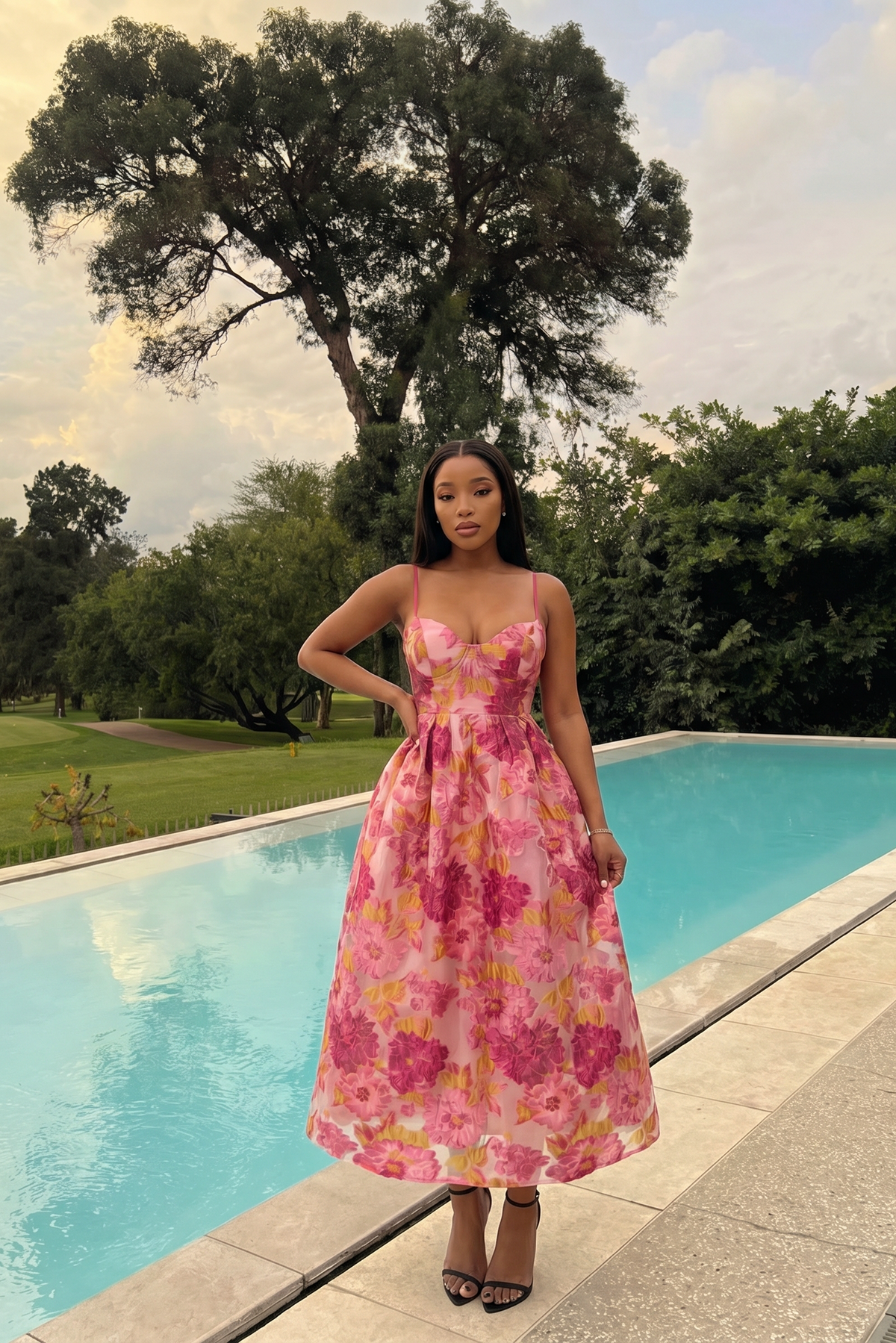 Vestido midi de tirantes con corsé y estampado floral