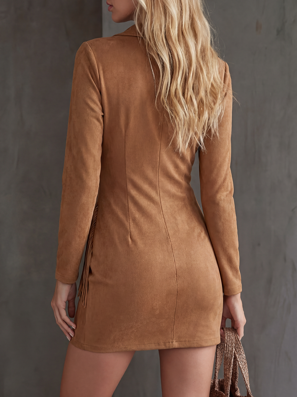 Vestido midi de punto para mujer, estilo vaquero western, con flecos de ante
