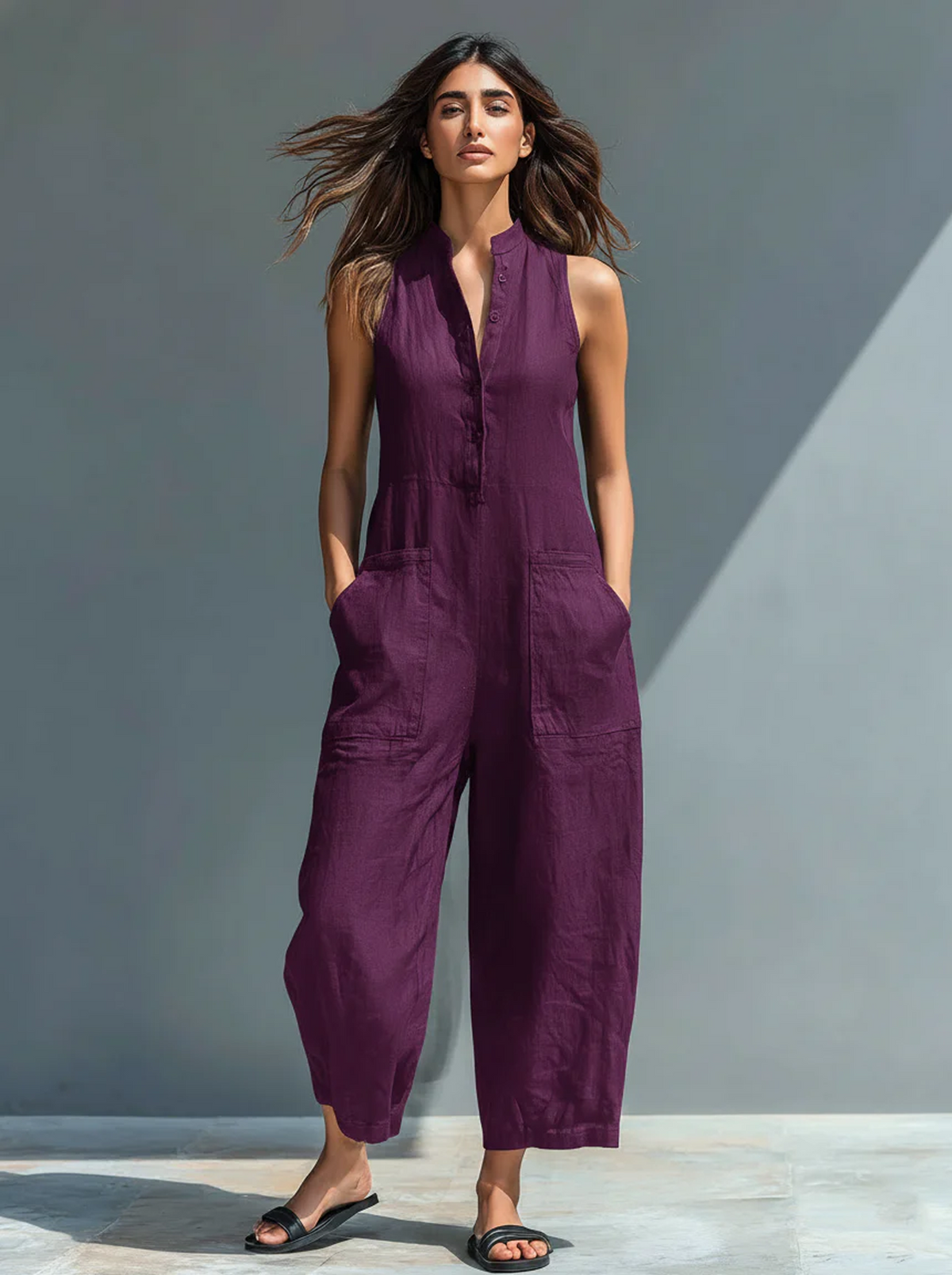 Mono largo de lino para mujer minimalista con botones, cuello alto y sin mangas