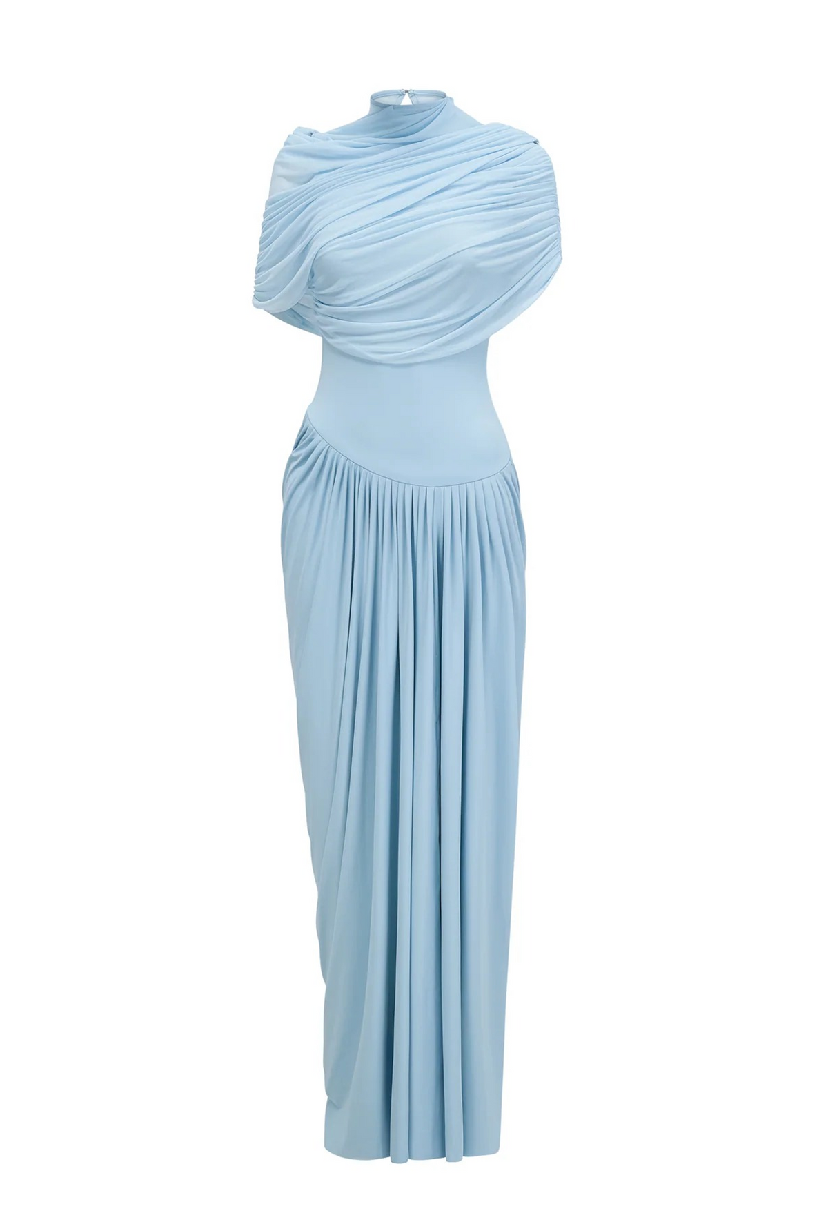 Vestido Largo de Manga Corta con Drapeado y Cuello Alto