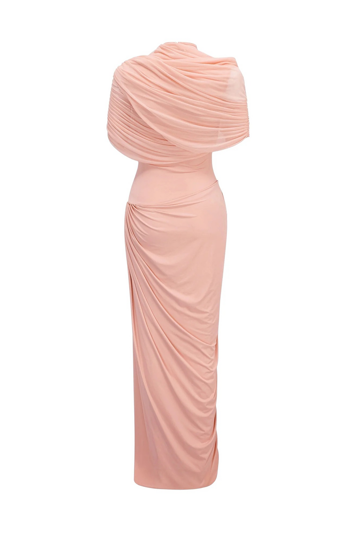 Vestido Largo de Manga Corta con Drapeado y Cuello Alto