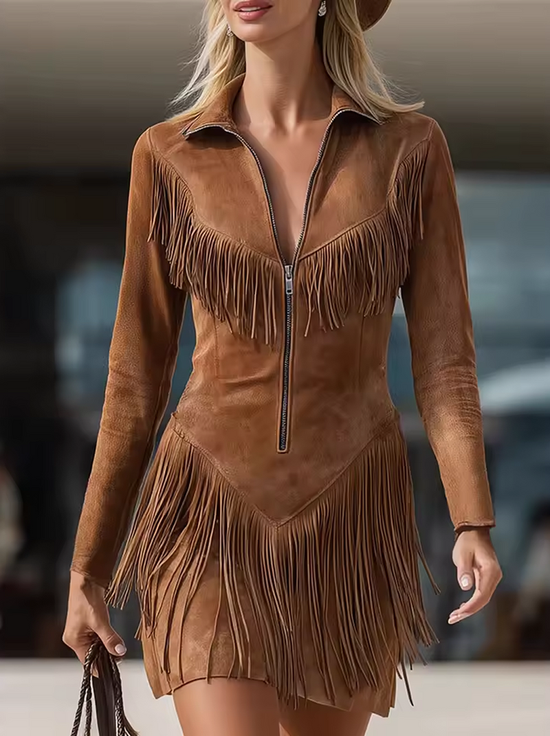 Vestido midi de punto para mujer, estilo vaquero western, con flecos de ante