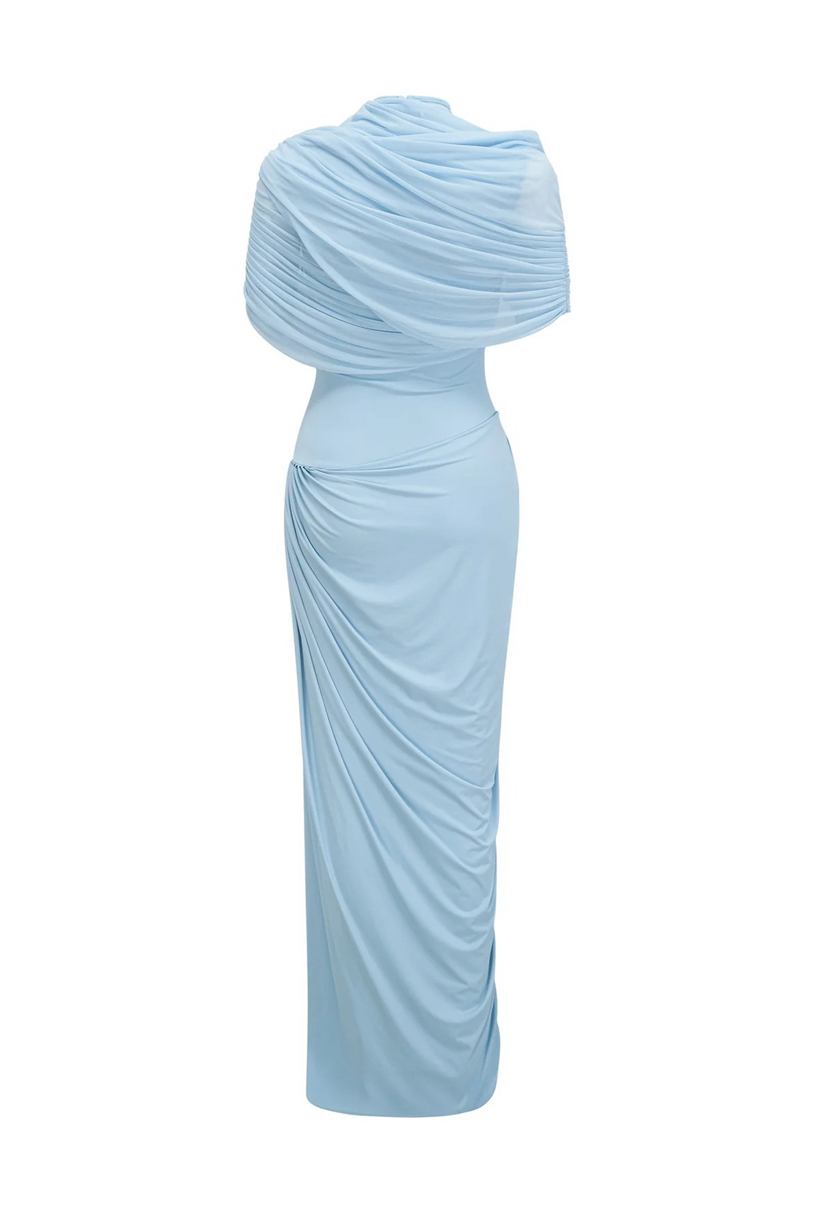 Vestido Largo de Manga Corta con Drapeado y Cuello Alto