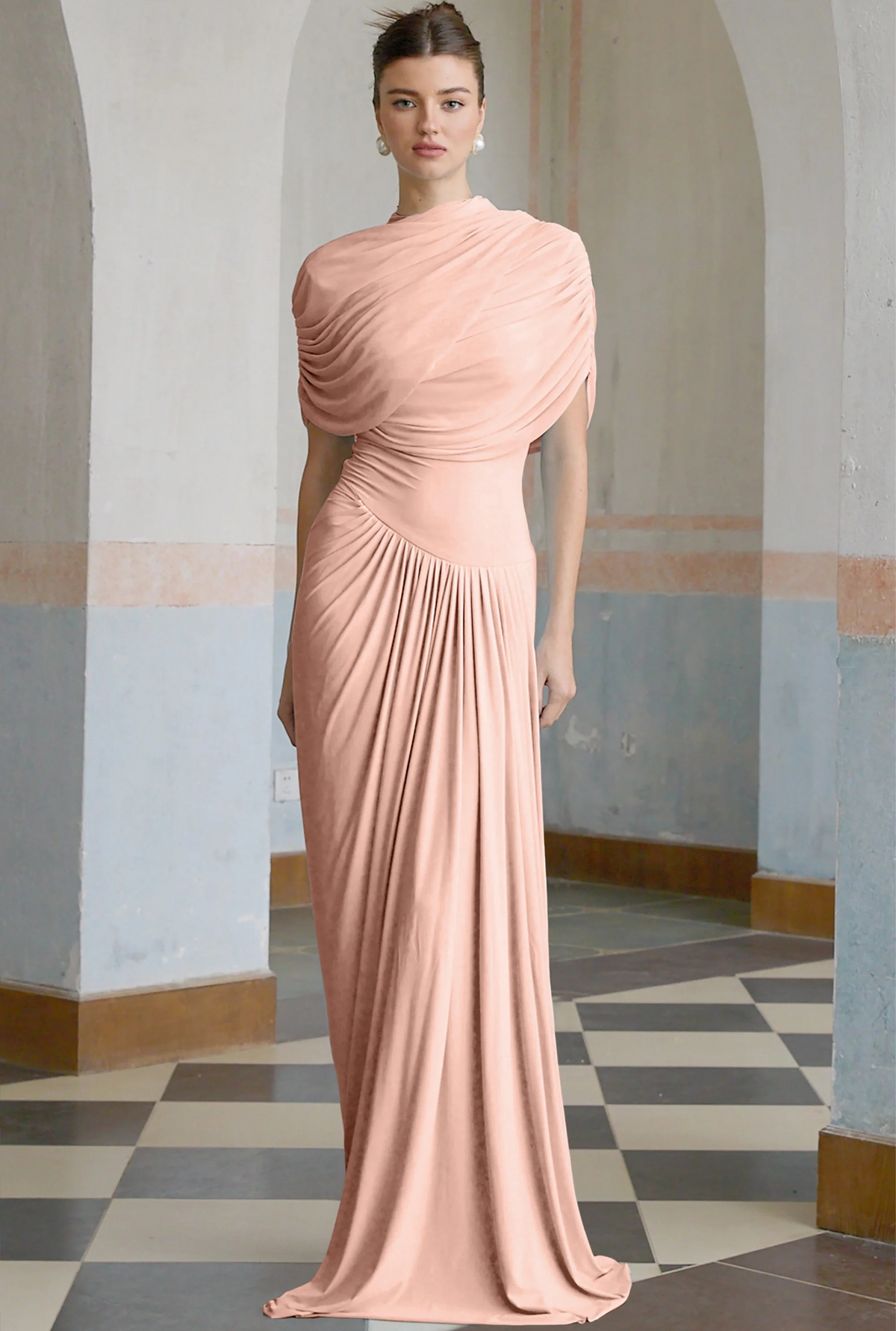 Vestido Largo de Manga Corta con Drapeado y Cuello Alto