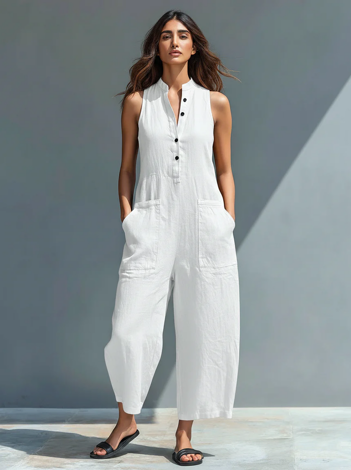 Mono largo de lino para mujer minimalista con botones, cuello alto y sin mangas