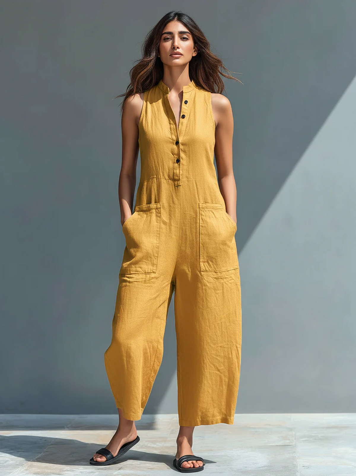 Mono largo de lino para mujer minimalista con botones, cuello alto y sin mangas